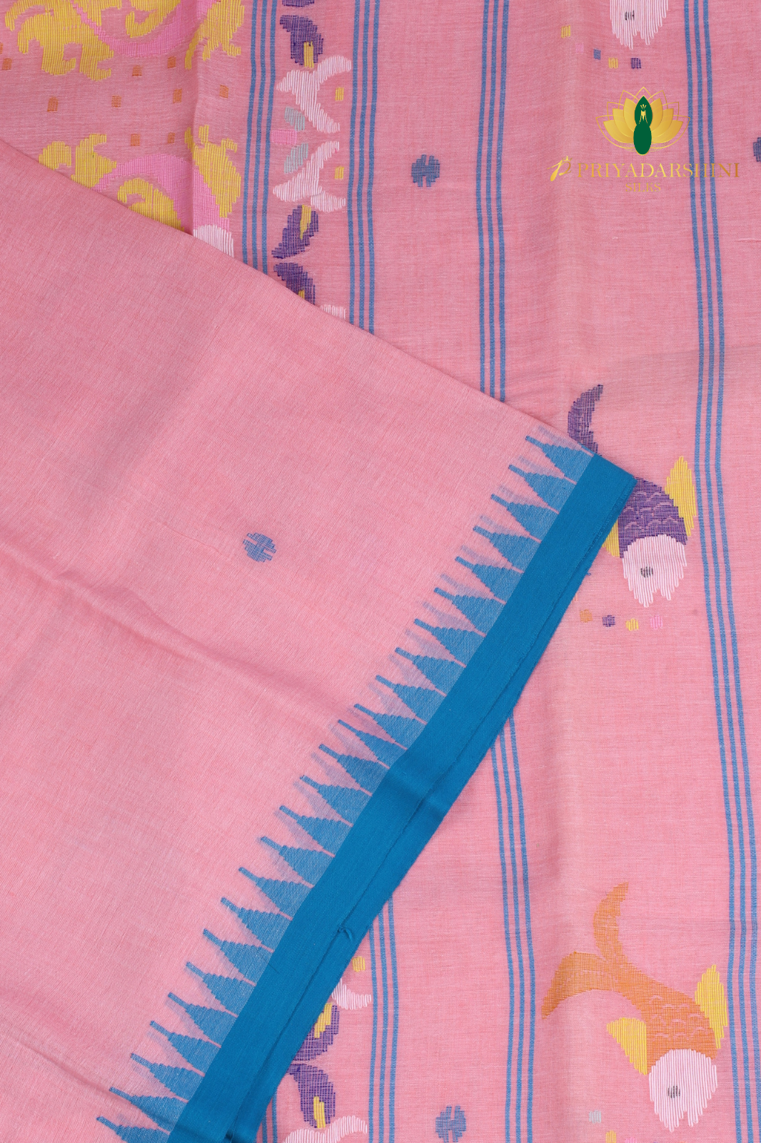 Soft Pink and Blue Fish Motif - Jamdani Cotton