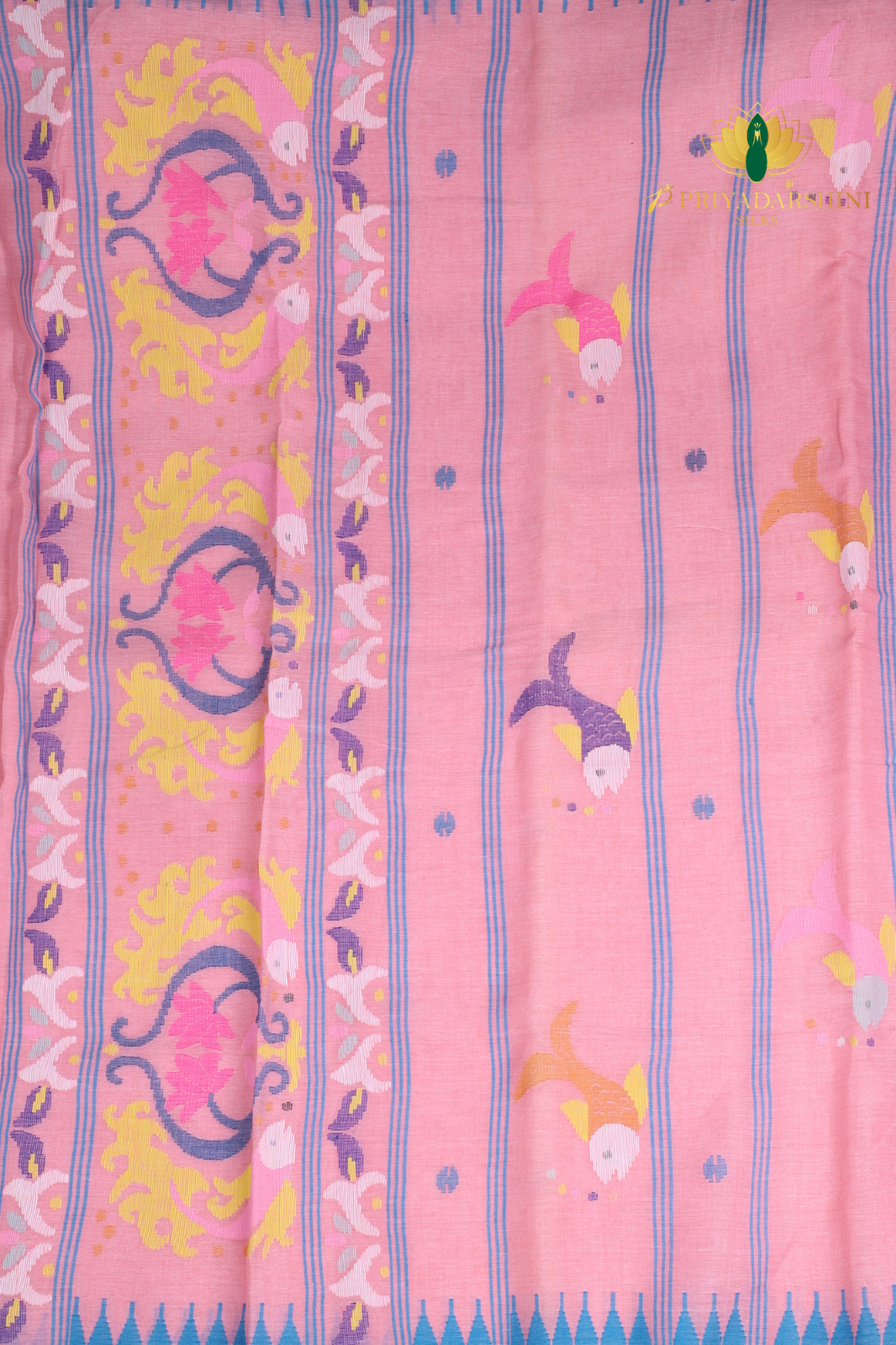 Soft Pink and Blue Fish Motif - Jamdani Cotton