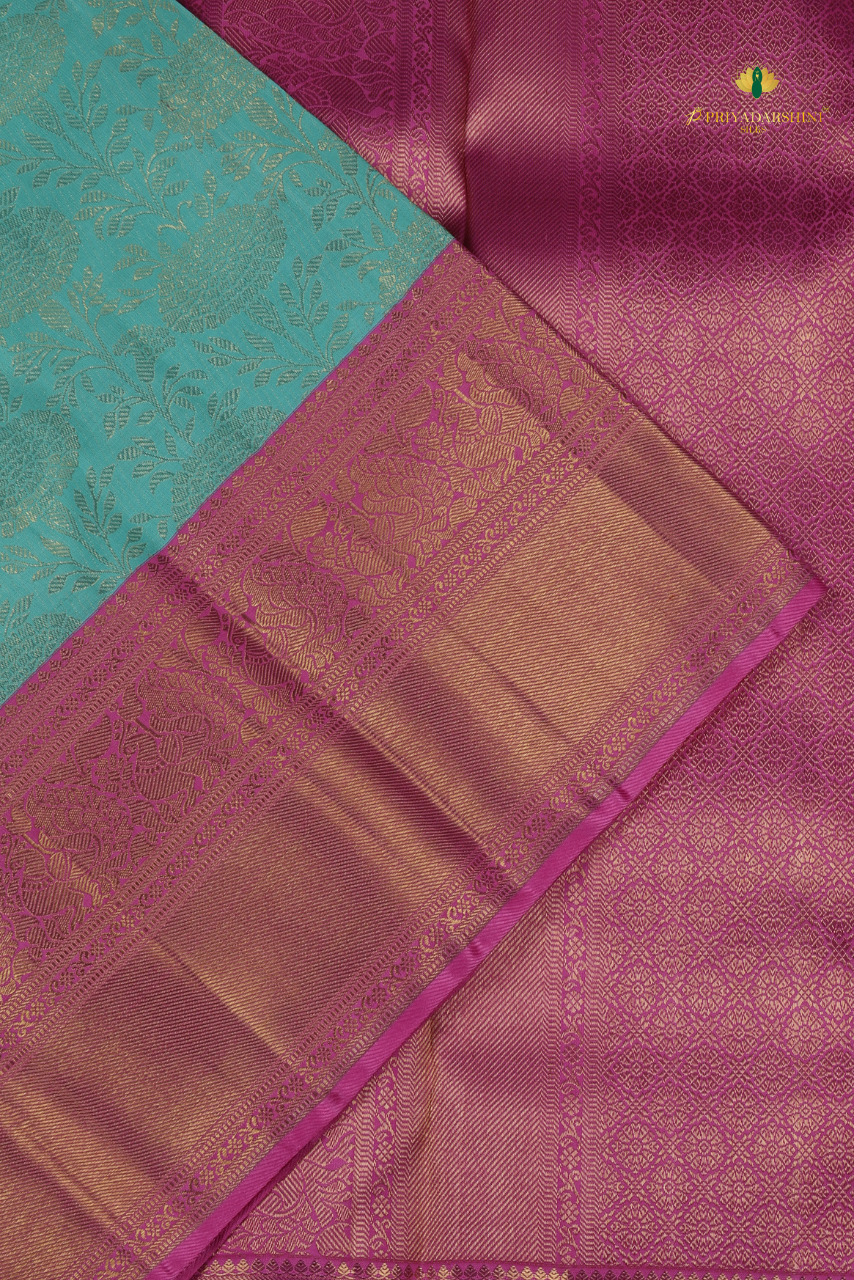 Turquoise blue and fuchsia floral style - Kanjivaram Silk (