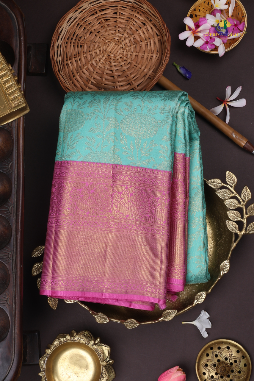 Turquoise blue and fuchsia floral style - Kanjivaram Silk (