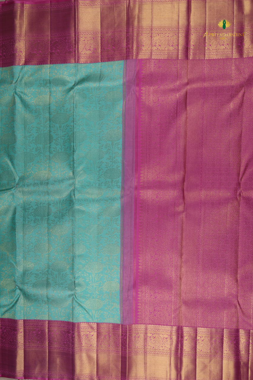 Turquoise blue and fuchsia floral style - Kanjivaram Silk (
