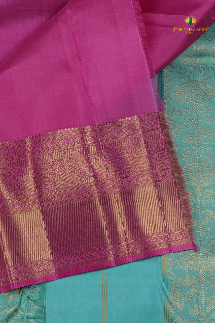 Turquoise blue and fuchsia floral style - Kanjivaram Silk (