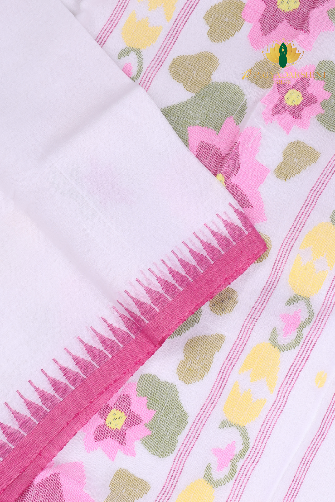 White & Pink Floral Motif Jamdani Cotton Saree