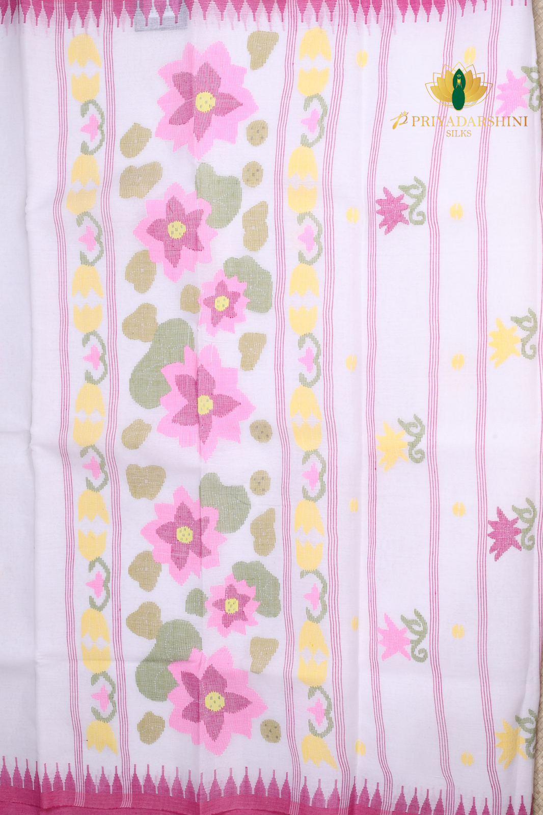 White & Pink Floral Motif Jamdani Cotton Saree