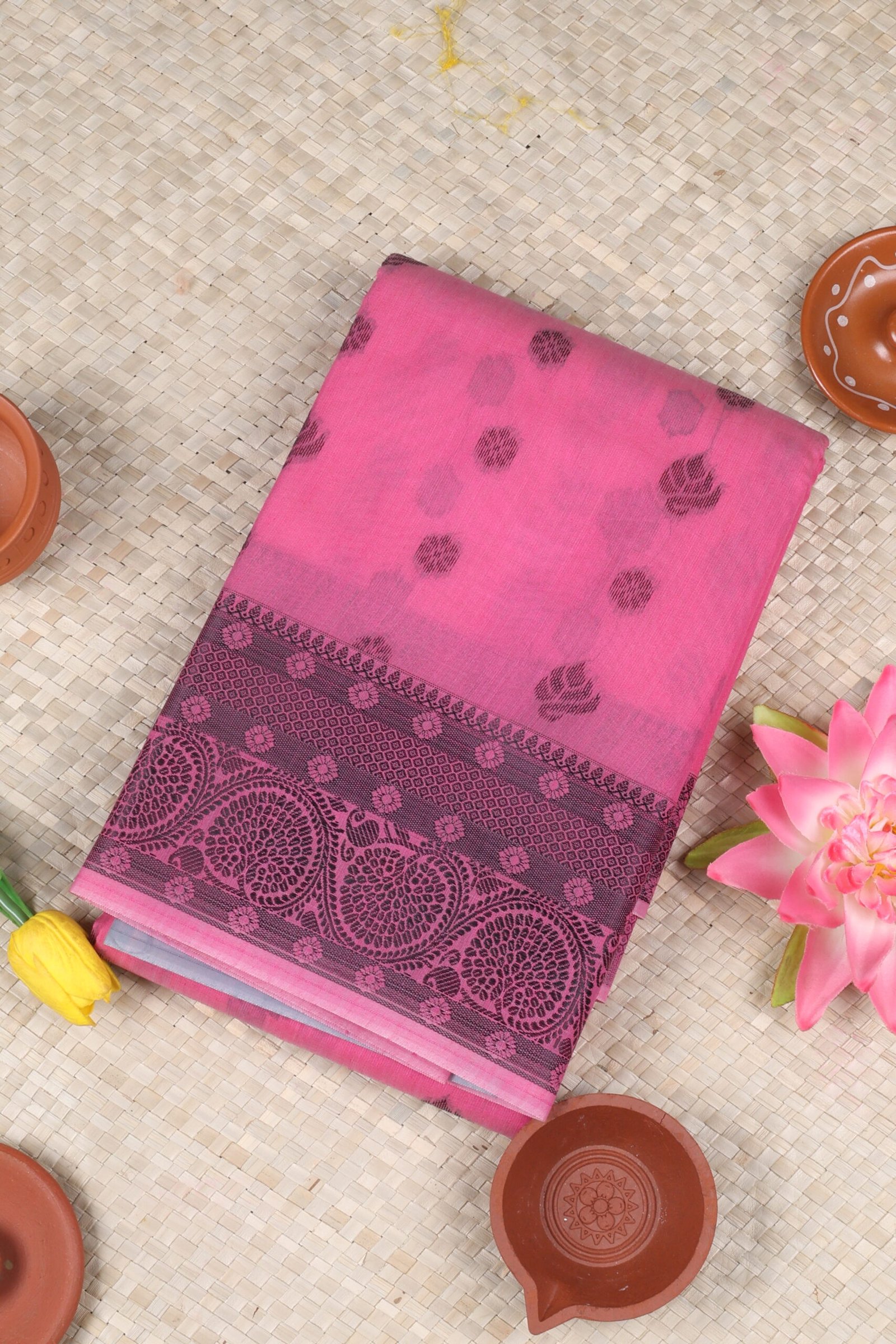 Candy Pink and Ash Grey Bud Motif - Cotton