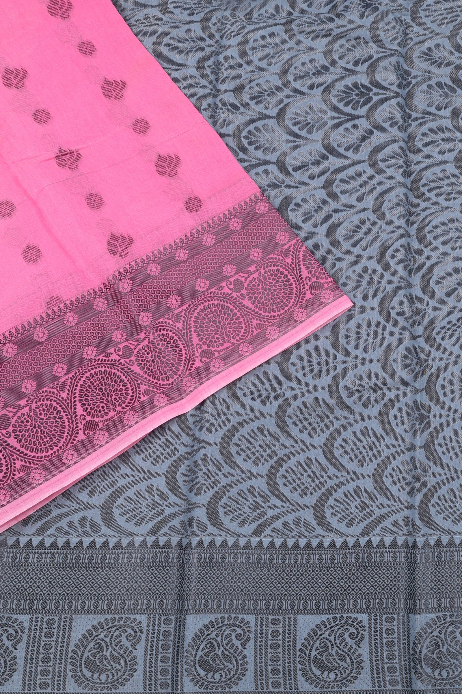 Candy Pink and Ash Grey Bud Motif - Cotton