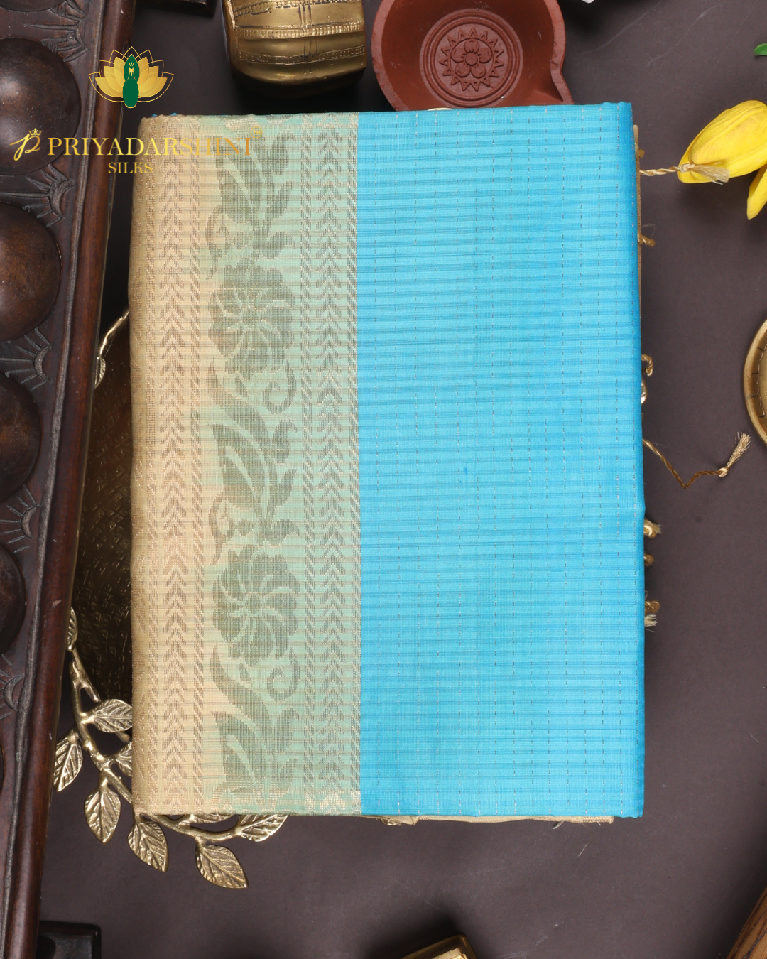 Aqua Blue and Antique Gold Beige Pinstripes - Soft Silk