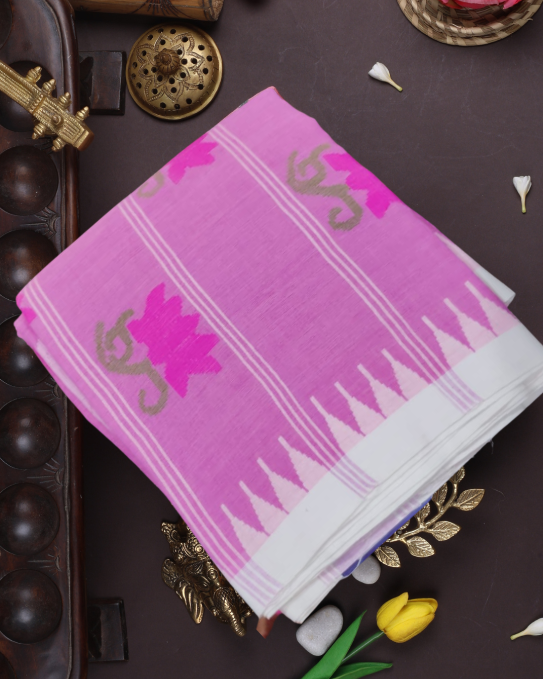 Baby Pink and White Lotus Motif - Jamdani Cotton