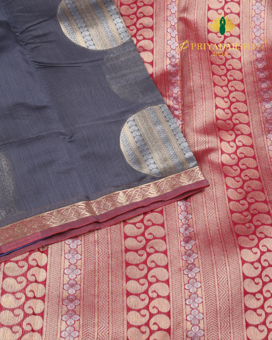 Charcoal Grey and Red Circular Motif - Cotton