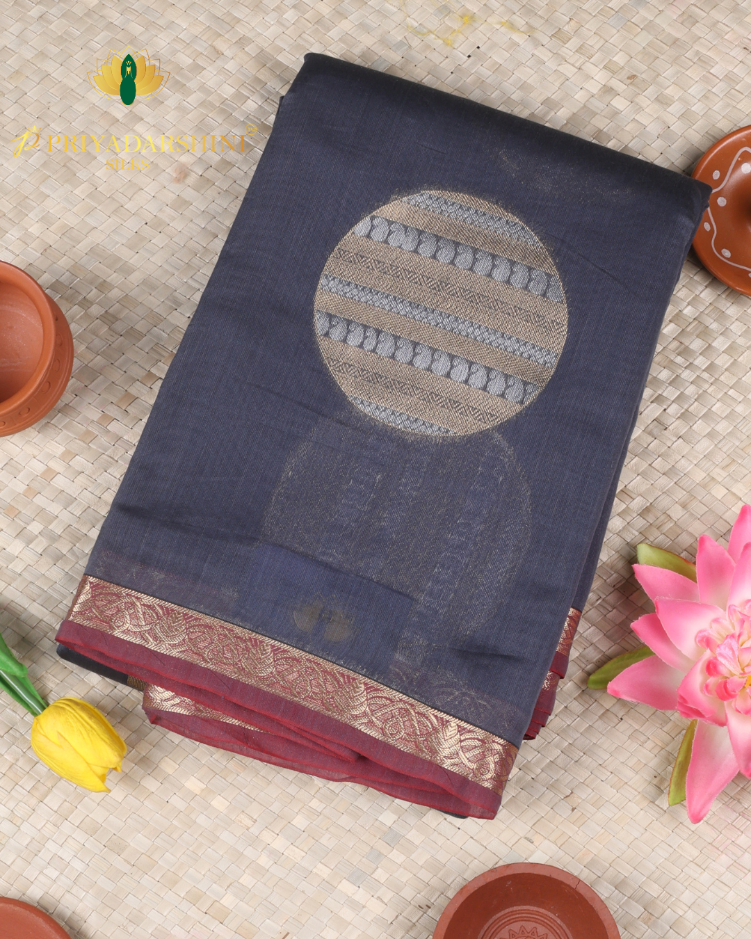Charcoal Grey and Red Circular Motif - Cotton