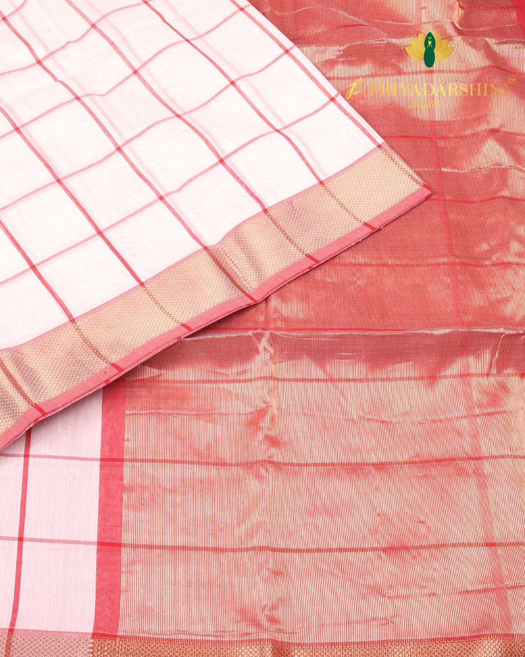 Cream and Crimson Red Check Pattern - Maheshwari