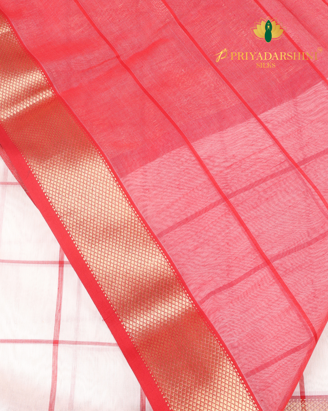 Cream and Crimson Red Check Pattern - Maheshwari