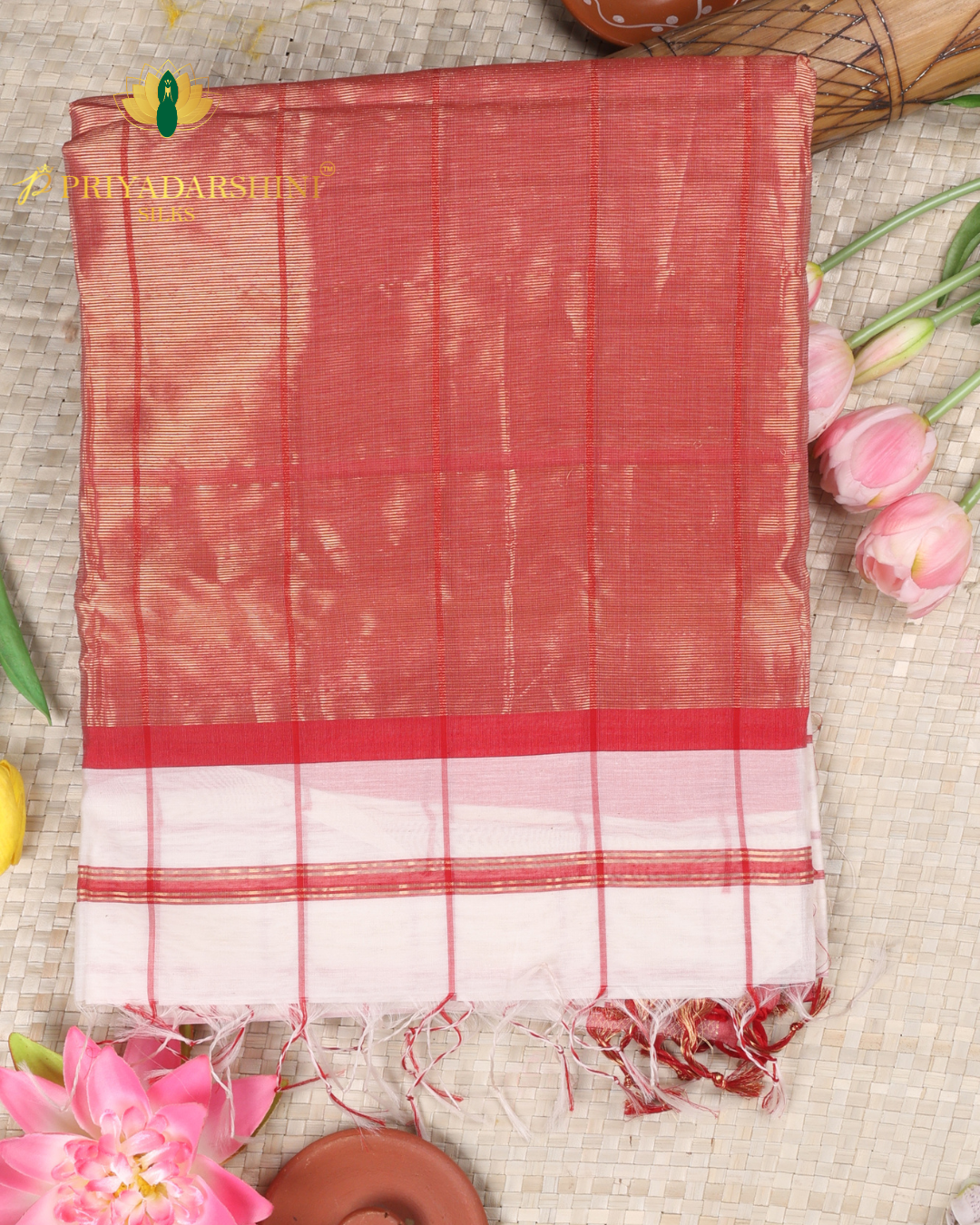 Cream and Crimson Red Check Pattern - Maheshwari