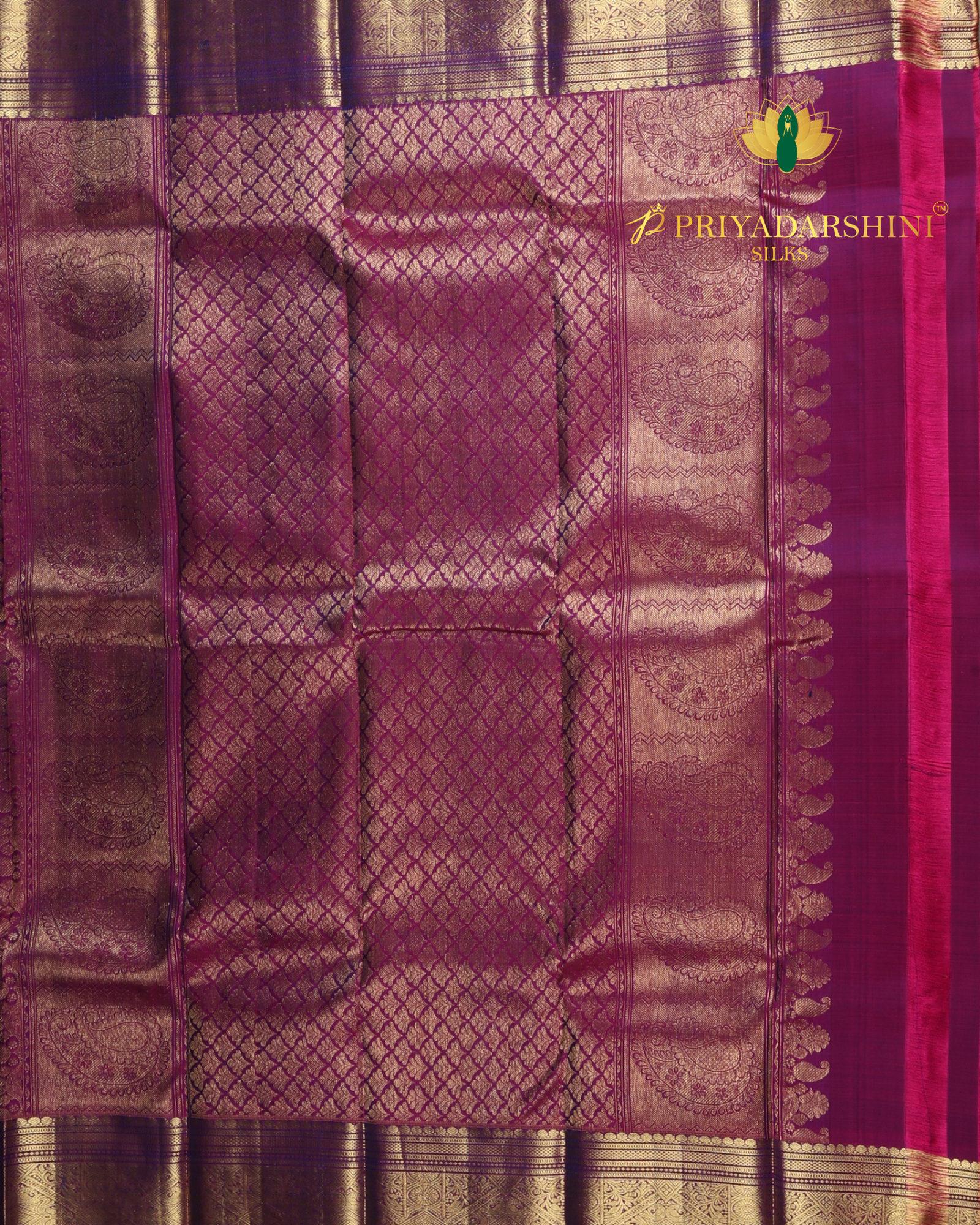 Deep Blue and Vibrant Magenta pink With Leaf Motif - Kanjivaram Silk