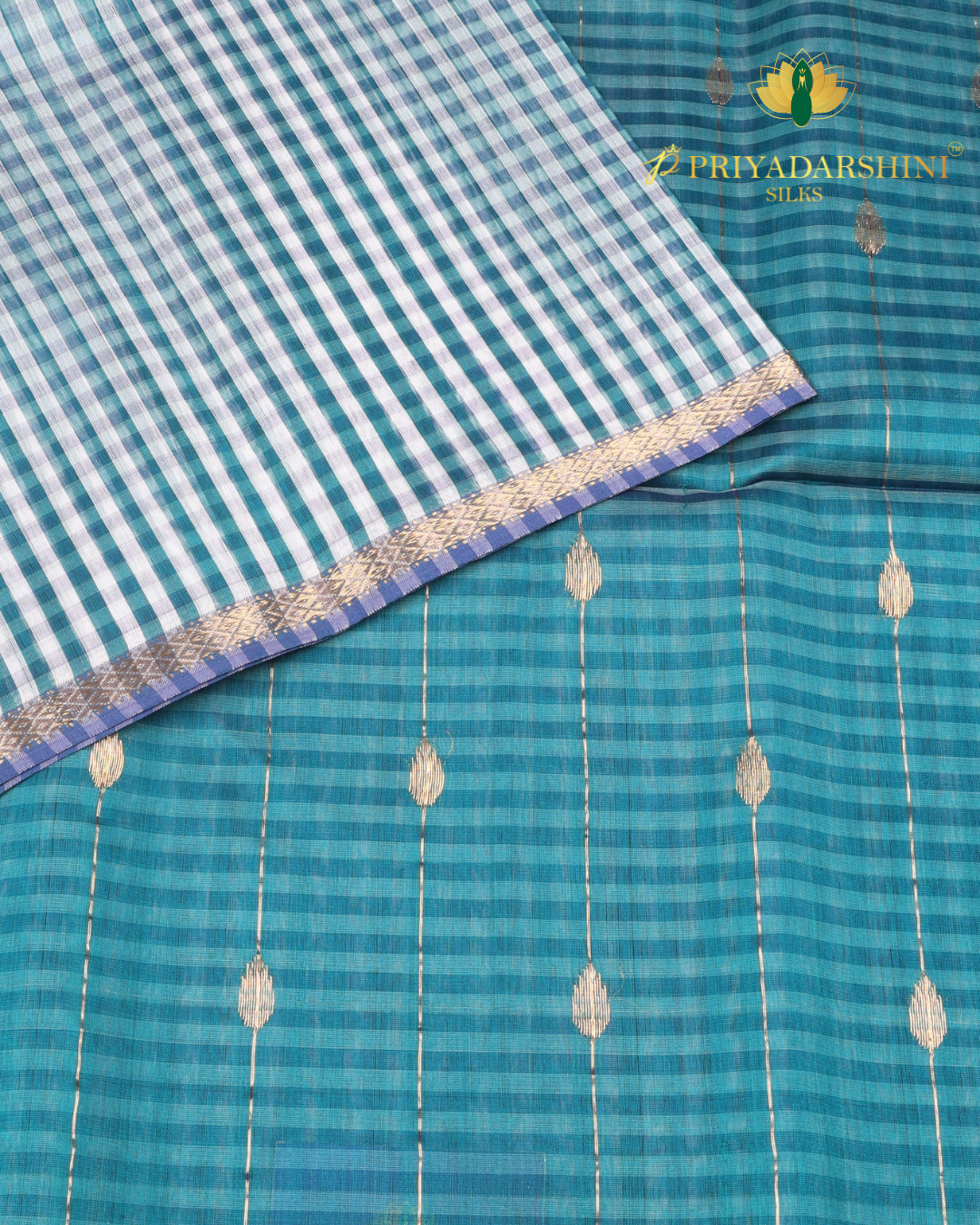 Dual-Toned Teal Green and Sea Green Check Pattern - Maheshwari Silk Cotton