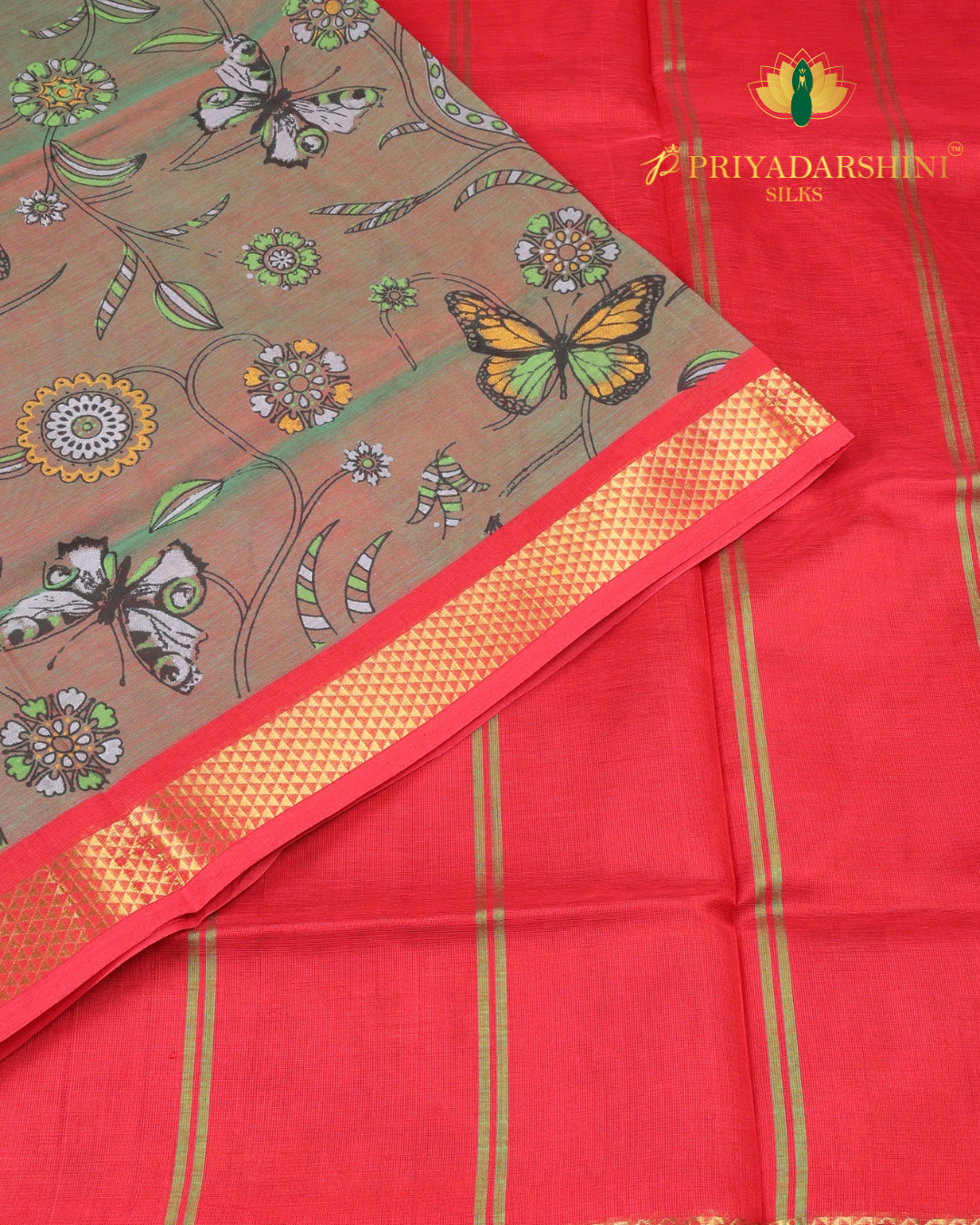 Earthy Beige with Multicolor Floral & Butterfly Print - Silk Cotton