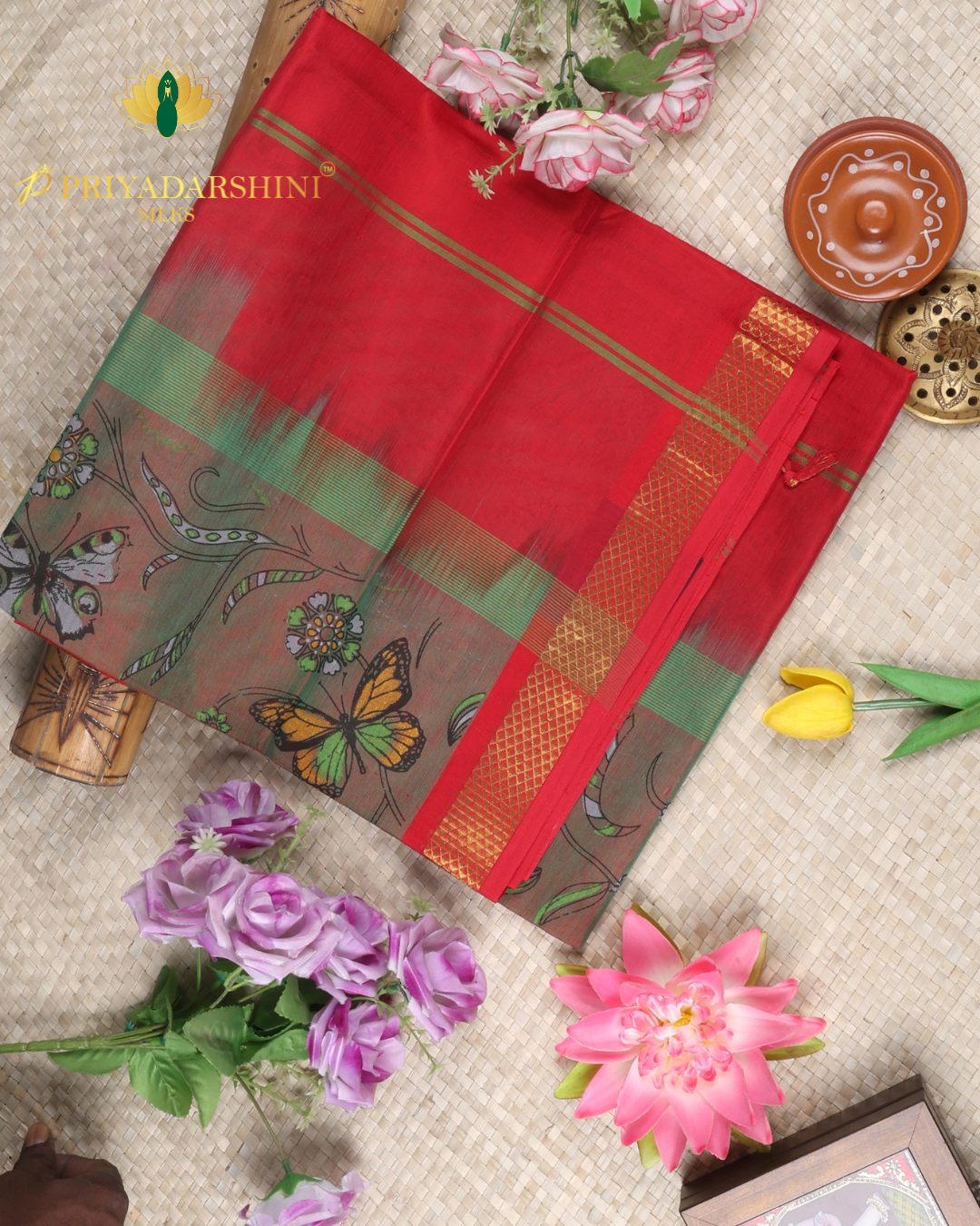 Earthy Beige with Multicolor Floral & Butterfly Print - Silk CottonEarthy Beige with Multicolor Floral & Butterfly Print - Silk Cotton