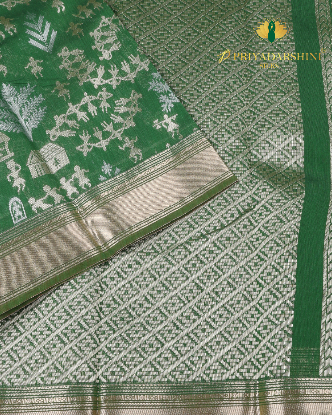 Emerald Green Warli Tribal Art Motif - Silk Cotton