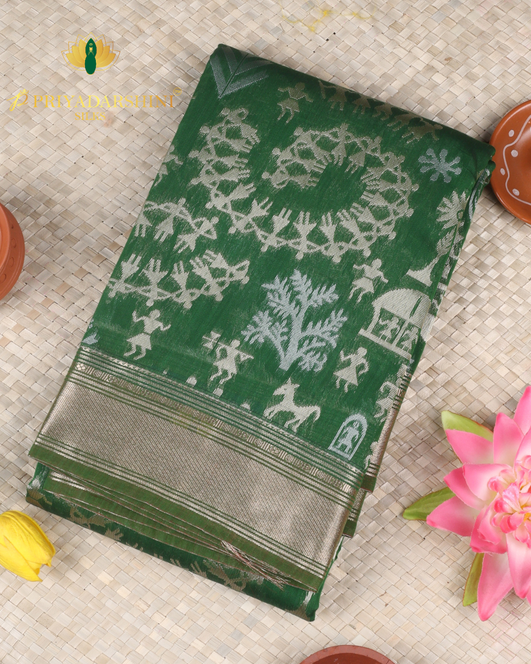 Emerald Green Warli Tribal Art Motif - Silk Cotton