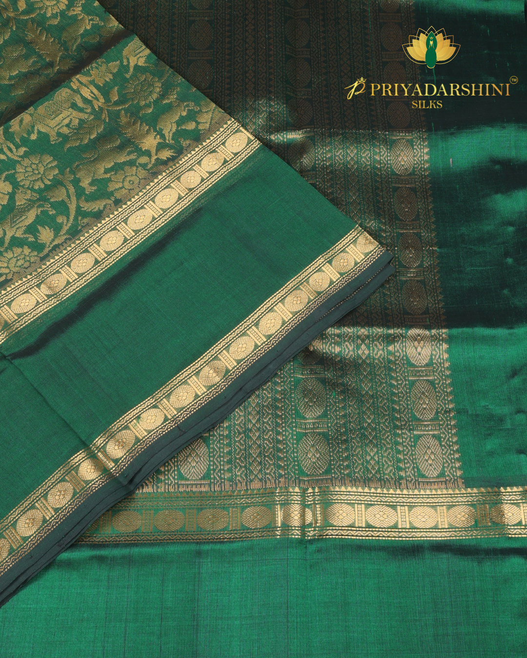 Emerald Green and Antique Gold Floral Vine Pattern - Silk Cotton