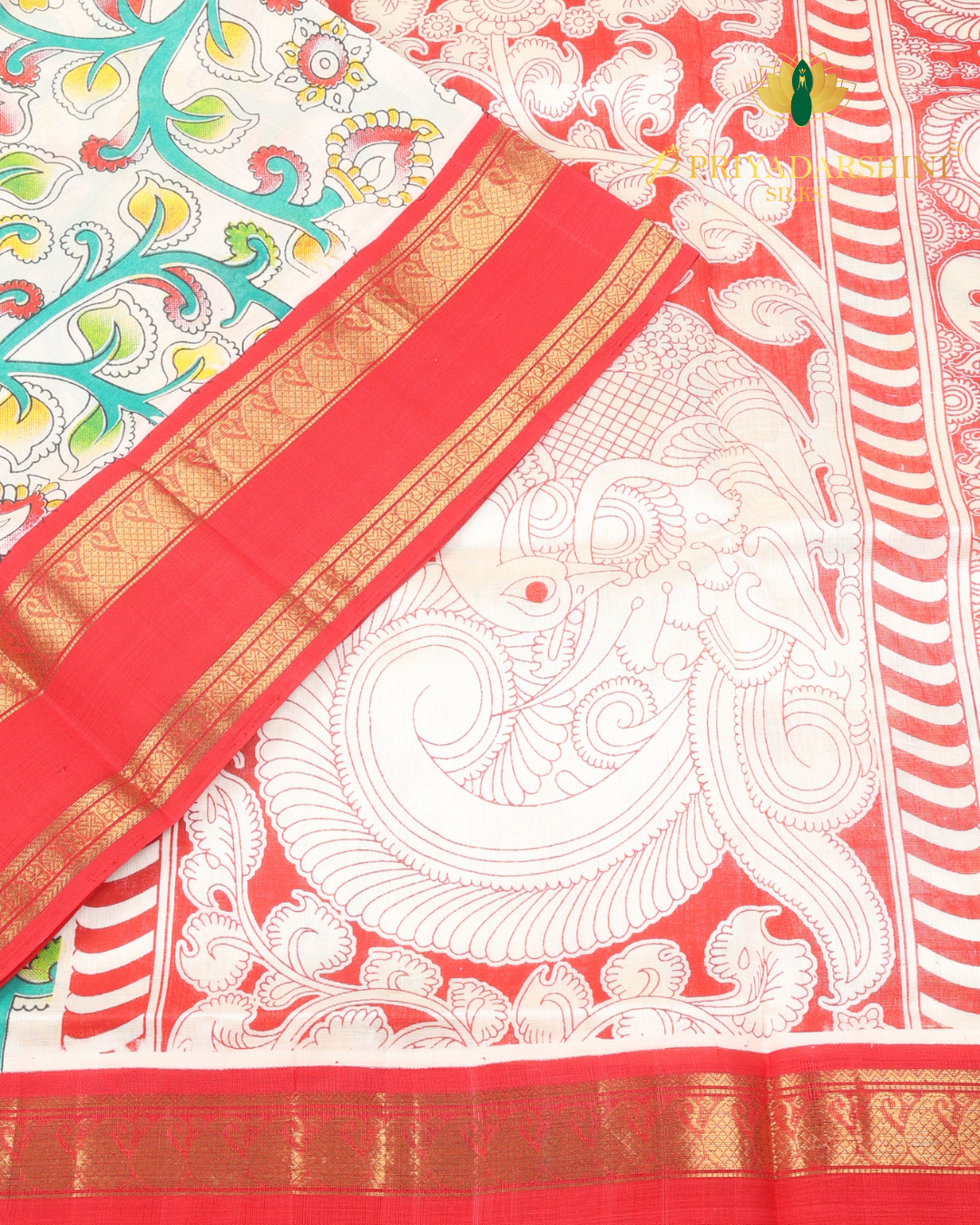 Ivory and Coral Red Floral Vine Motif - Silk Cotton