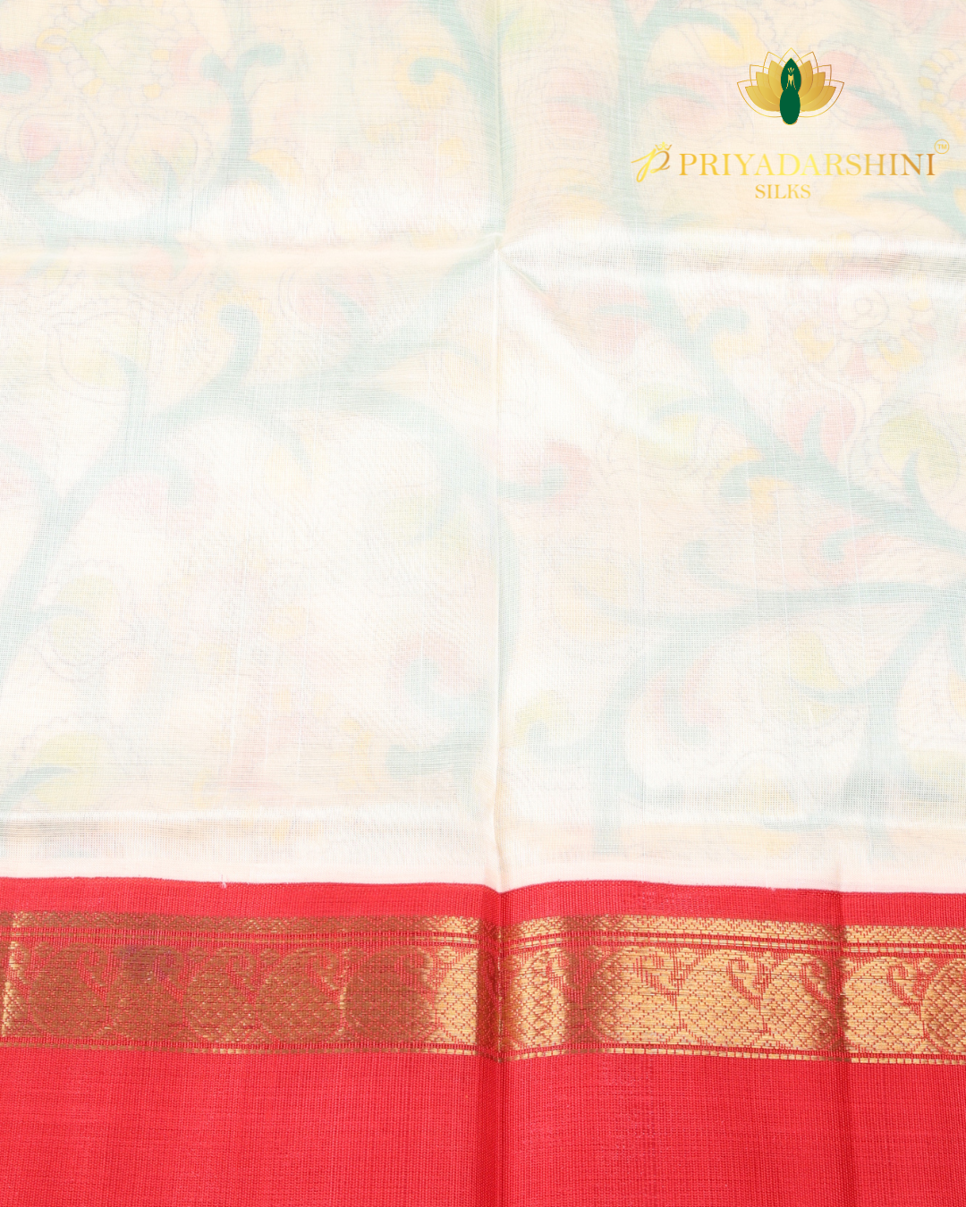 Ivory and Coral Red Floral Vine Motif - Silk Cotton