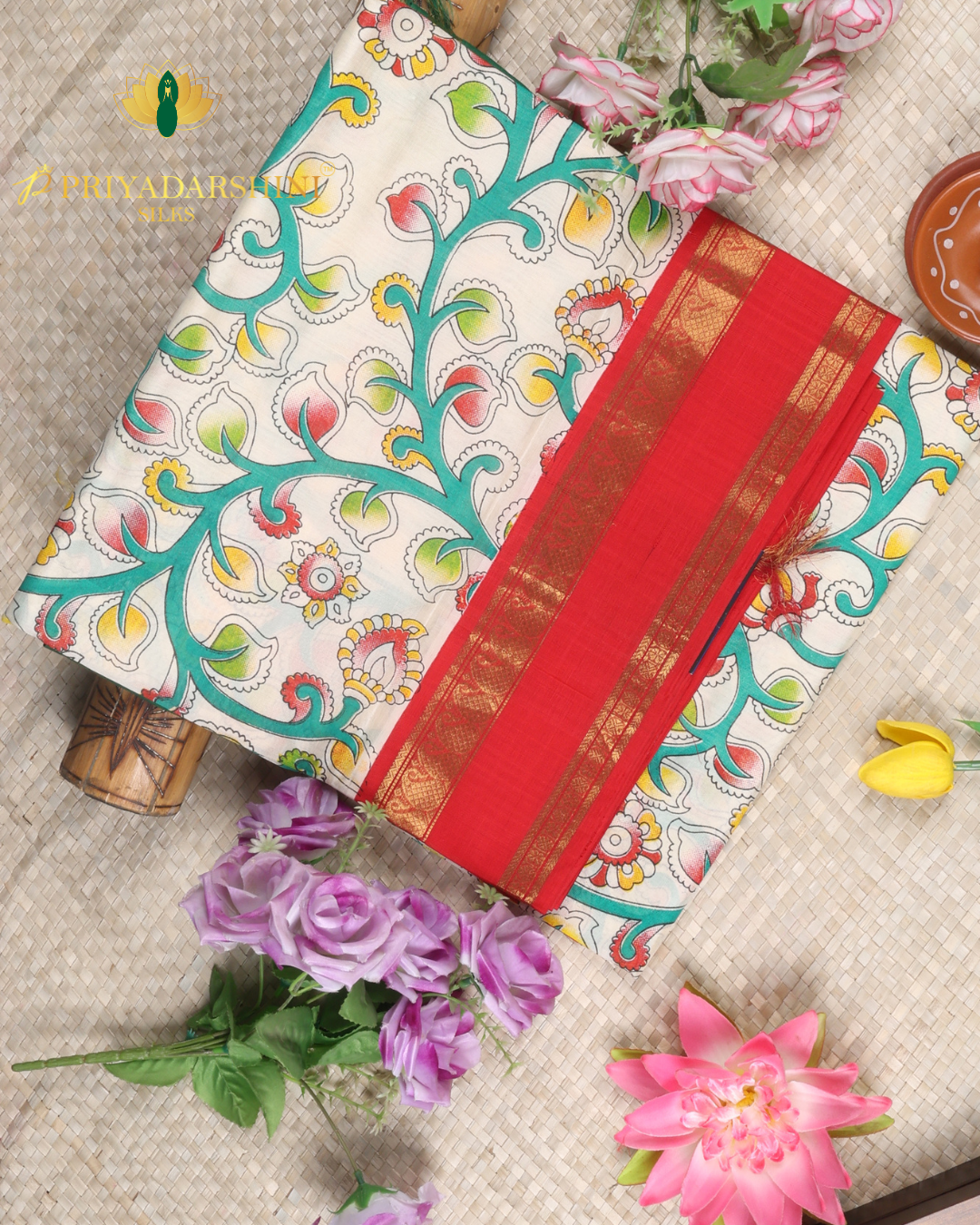 Ivory and Coral Red Floral Vine Motif - Silk Cotton