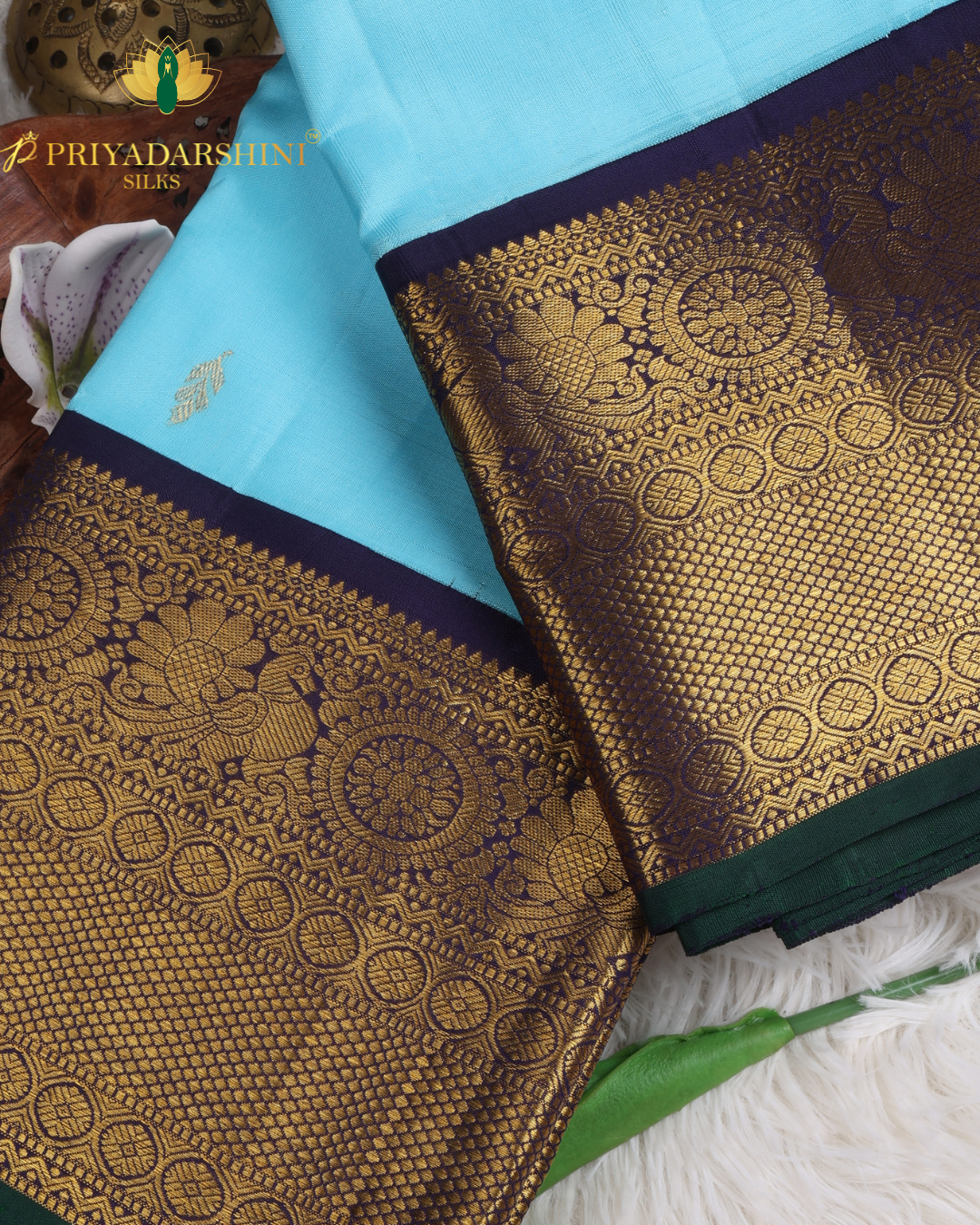 Light Blue and Dark Blue with leaf and paisley Motif - kanjivaram Silk