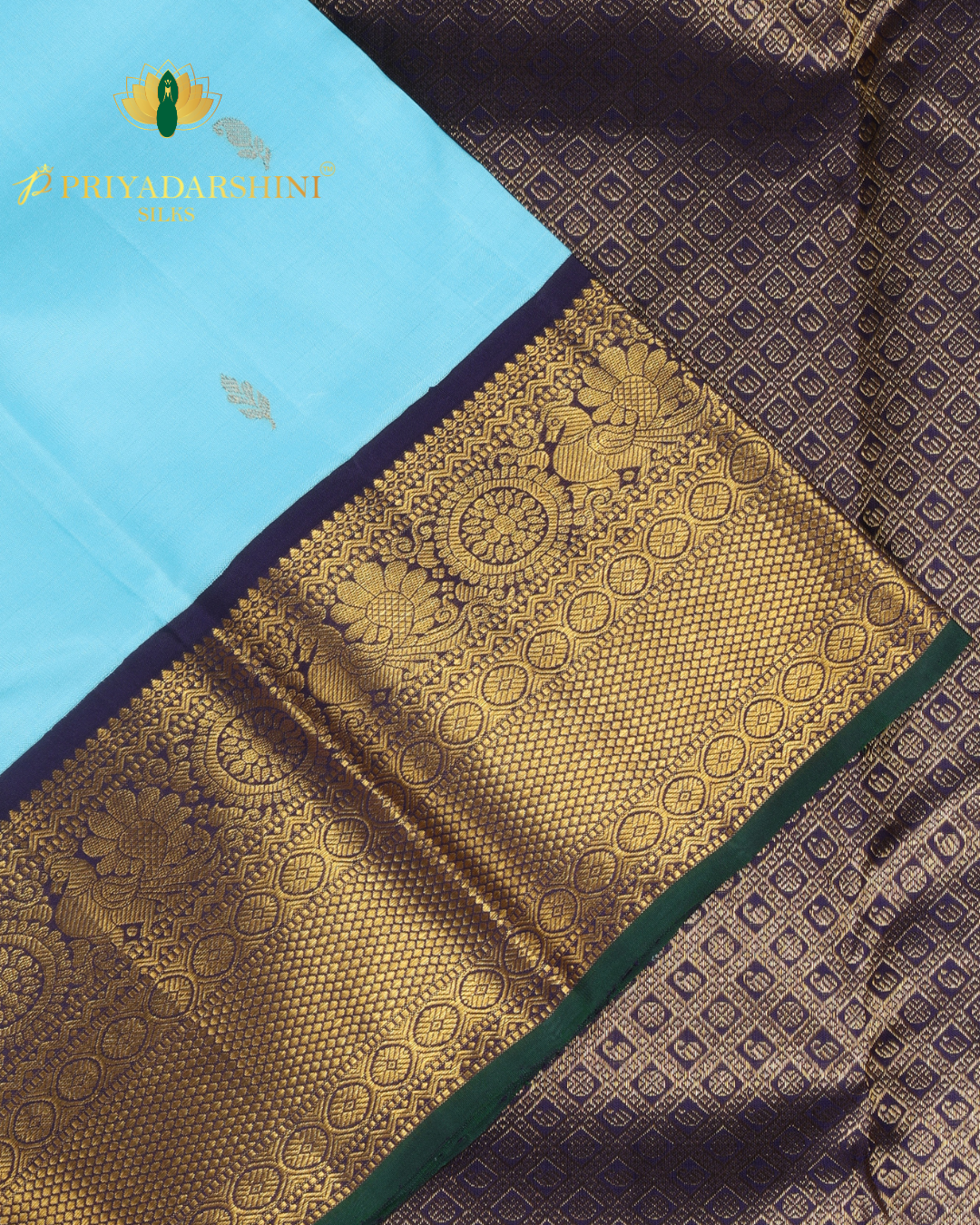 Light Blue and Dark Blue with leaf and paisley Motif - kanjivaram Silk