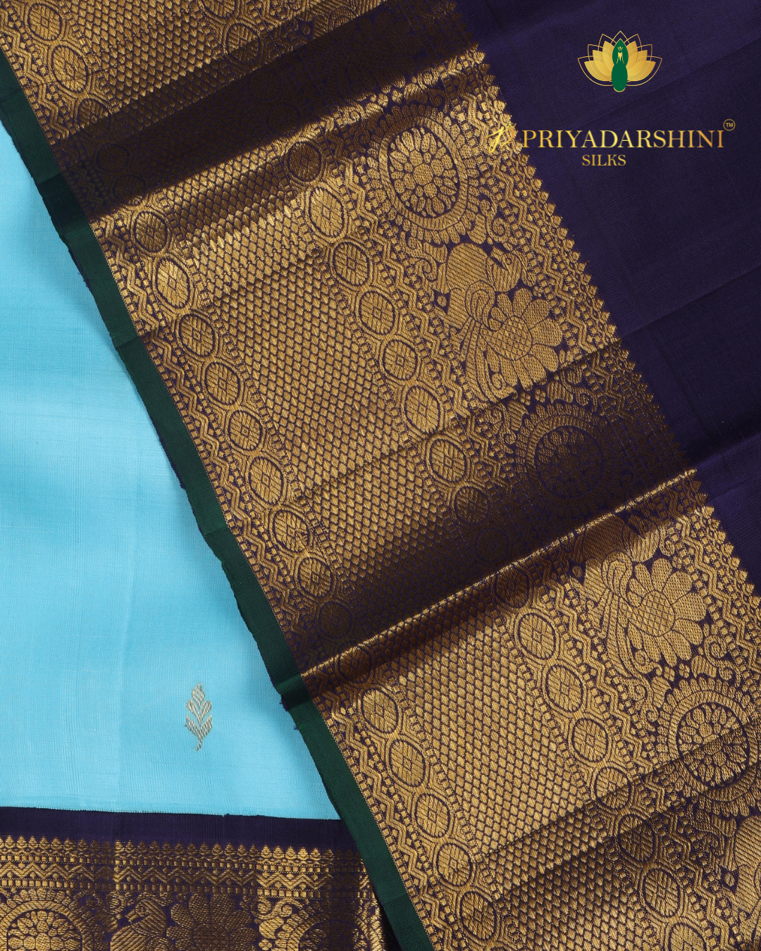 Light Blue and Dark Blue with leaf and paisley Motif - kanjivaram Silk