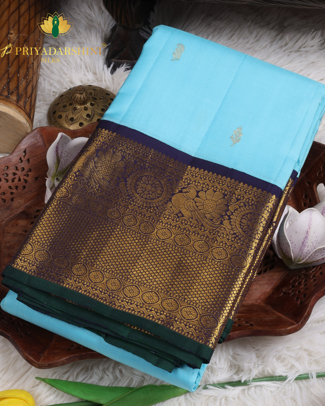 Light Blue and Dark Blue with leaf and paisley Motif - kanjivaram Silk