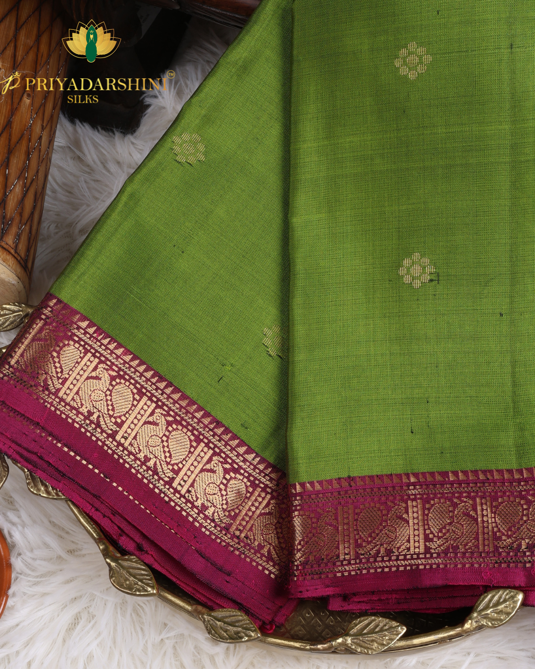 Lime Green and Deep Magenta with Floral Motif - Kanjivaram Silk