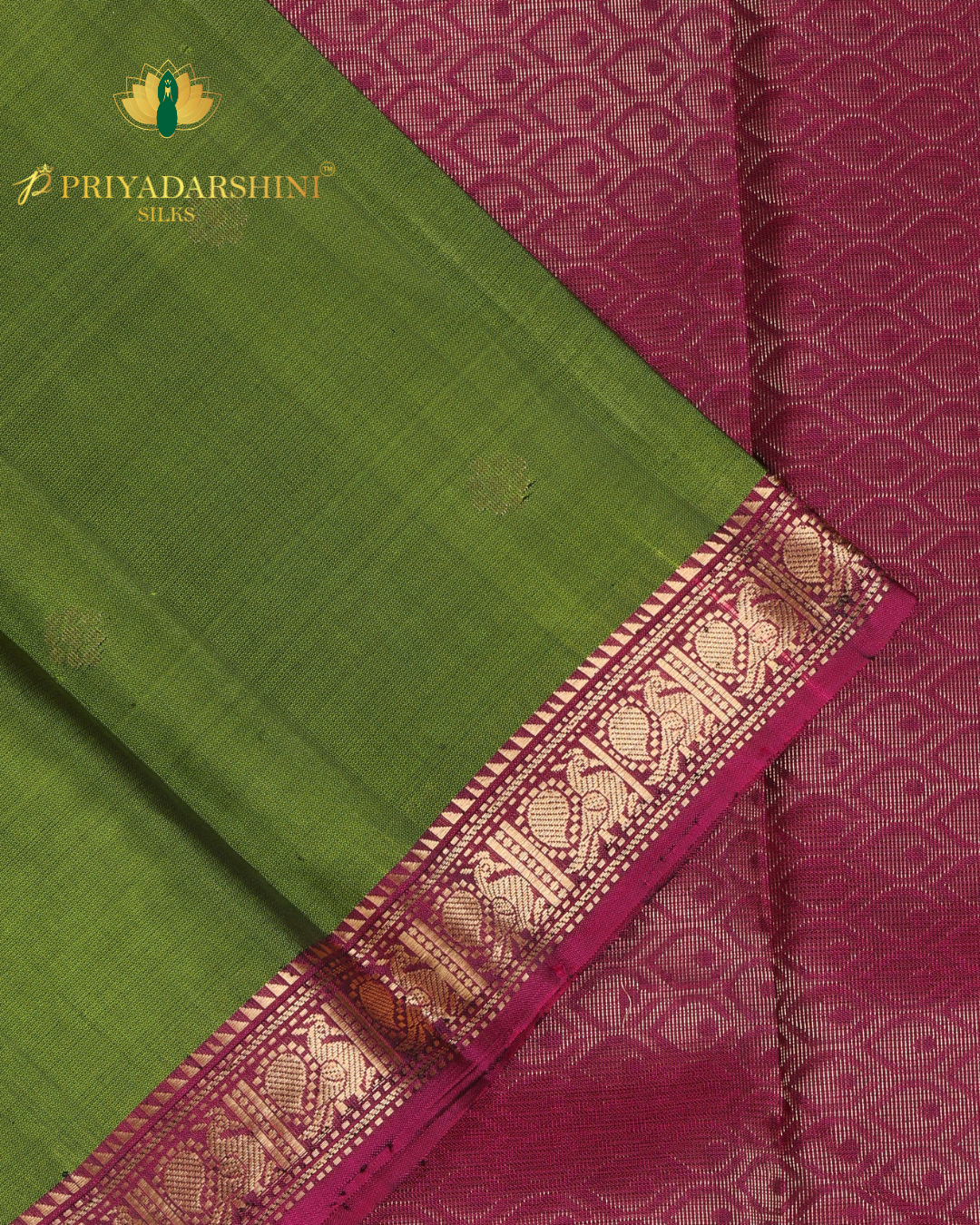 Lime Green and Deep Magenta with Floral Motif - Kanjivaram Silk
