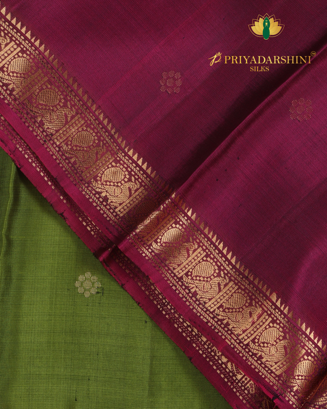 Lime Green and Deep Magenta with Floral Motif - Kanjivaram Silk