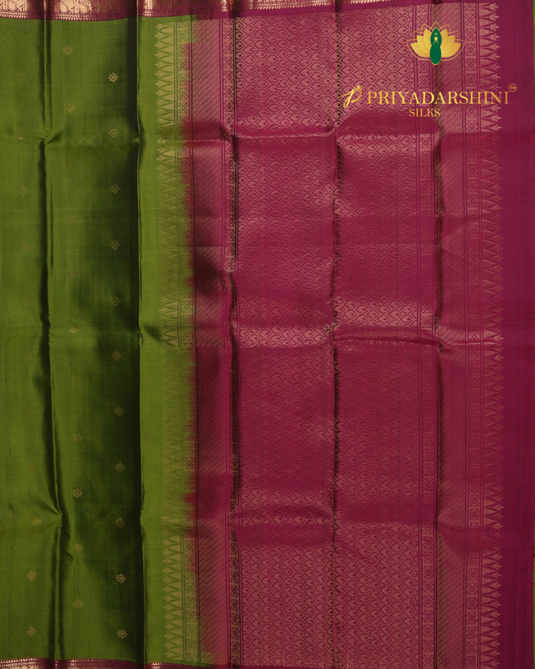 Lime Green and Deep Magenta with Floral Motif - Kanjivaram Silk