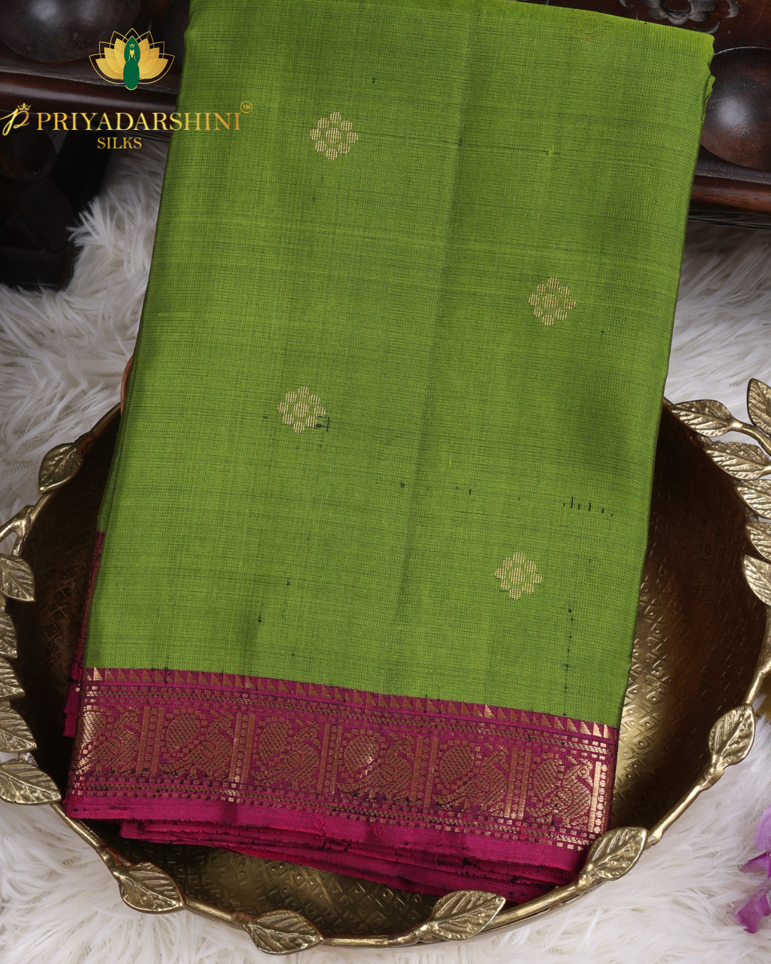 Lime Green and Deep Magenta with Floral Motif - Kanjivaram Silk