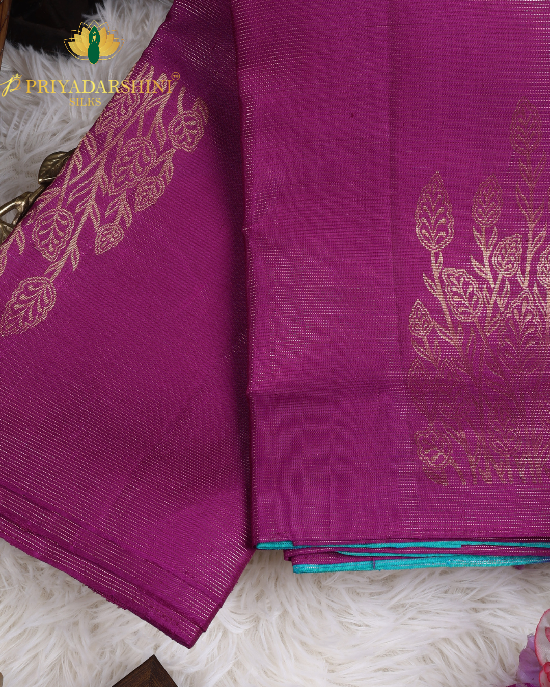 Magenta Purple and Turquoise Blue Leaf Motif - Kanjivaram Silk