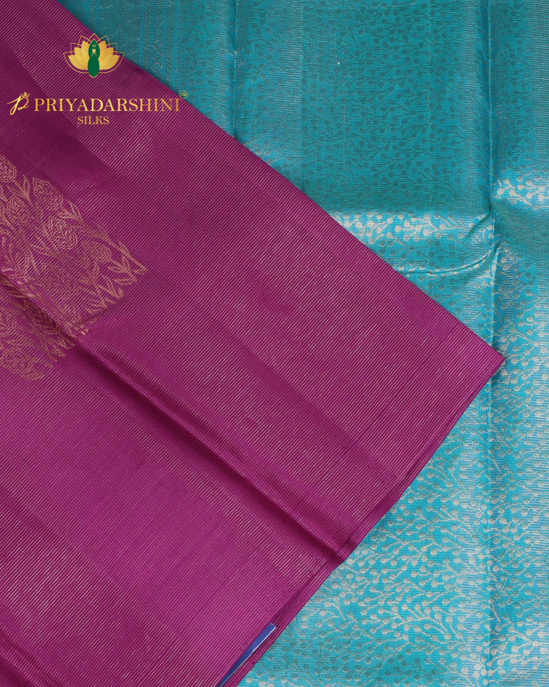 Magenta Purple and Turquoise Blue Leaf Motif - Kanjivaram Silk