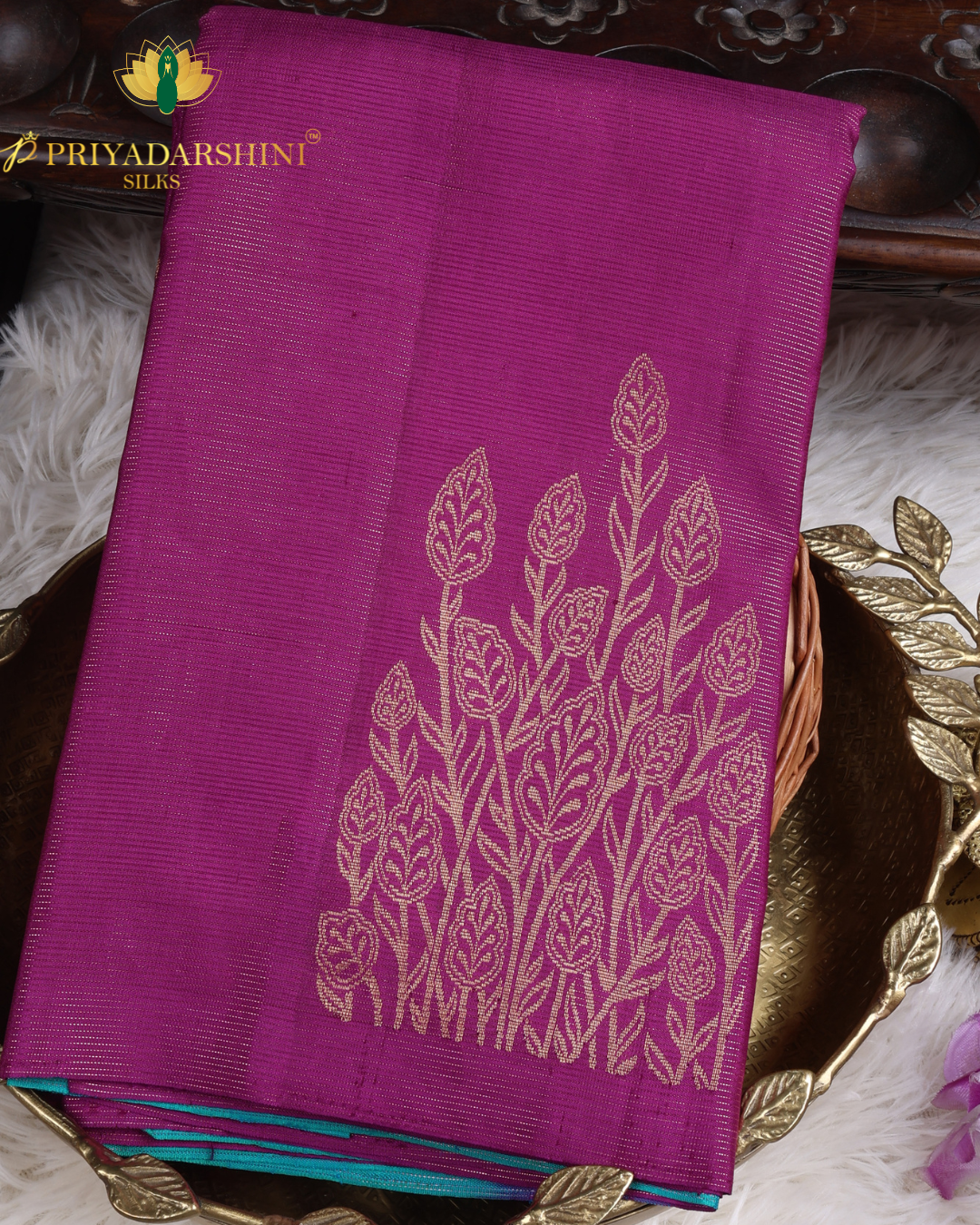 Magenta Purple and Turquoise Blue Leaf Motif - Kanjivaram Silk