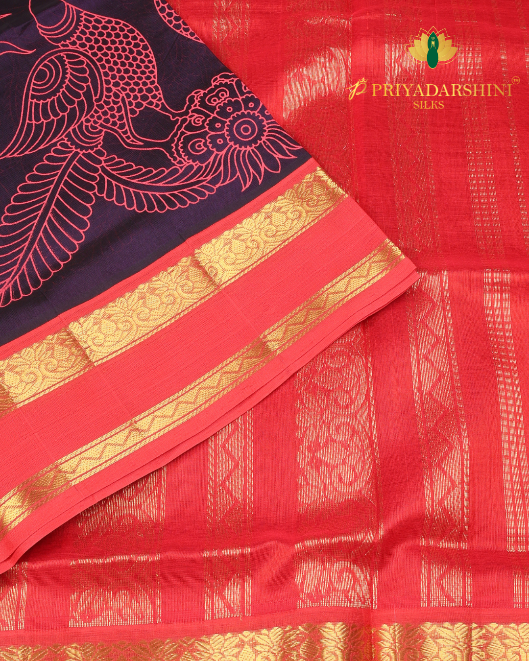 Midnight Purple and Crimson Red Flora Motif - Silk Cotton