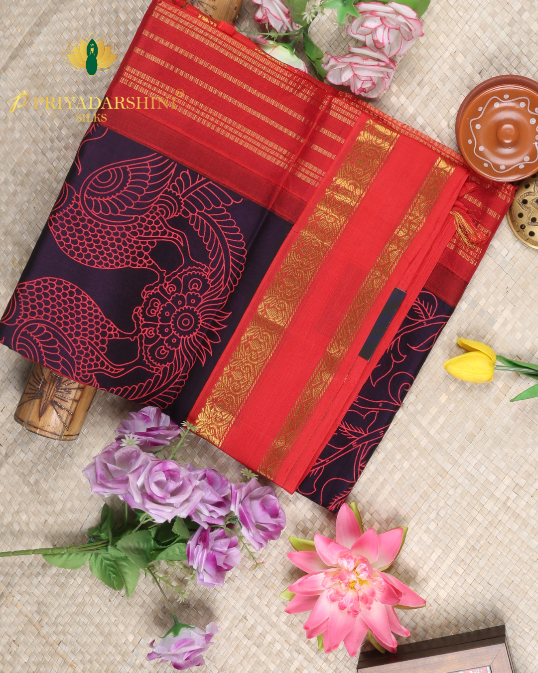Midnight Purple and Crimson Red Flora Motif - Silk Cotton