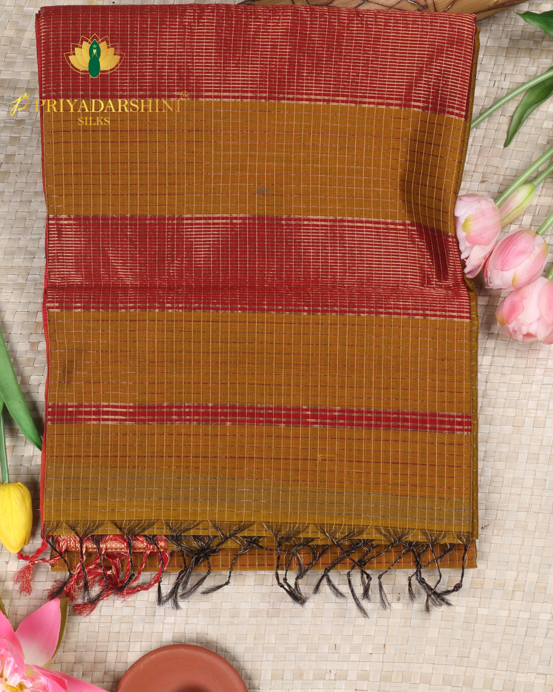 Mustard Yellow and Brick Red Checked Pattern - Maheshwari