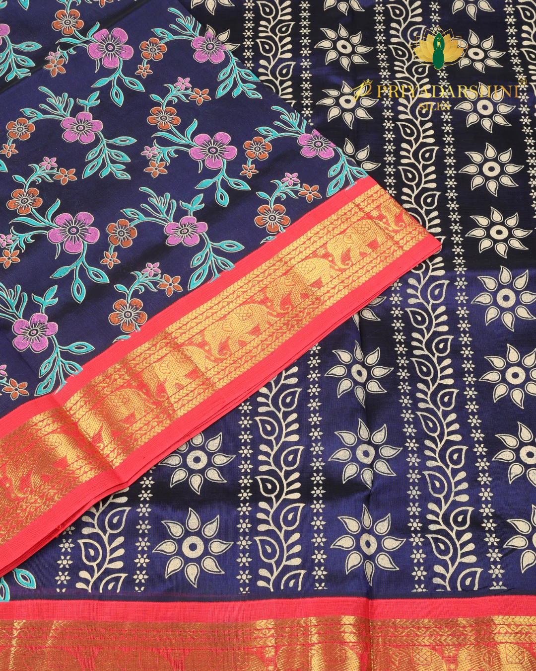 Navy Blue and Rani pink Floral Vine Pattern - Silk Cotton