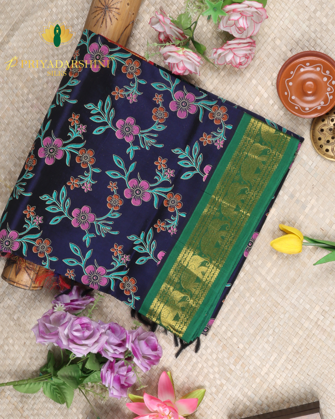Navy Blue and Rani pink Floral Vine Pattern - Silk Cotton