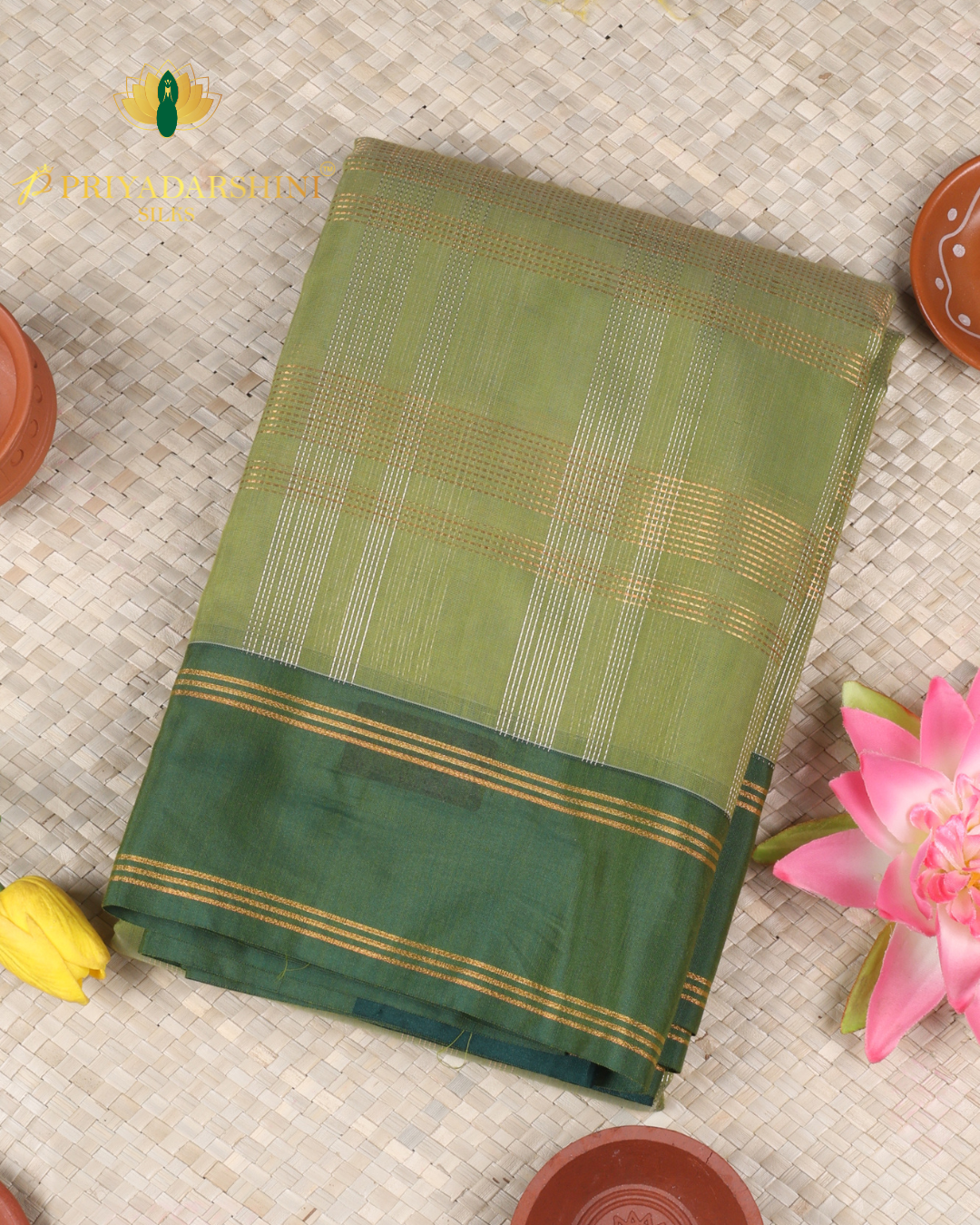 Olive Green and Forest Green Checkered Pattern - Silk cotton