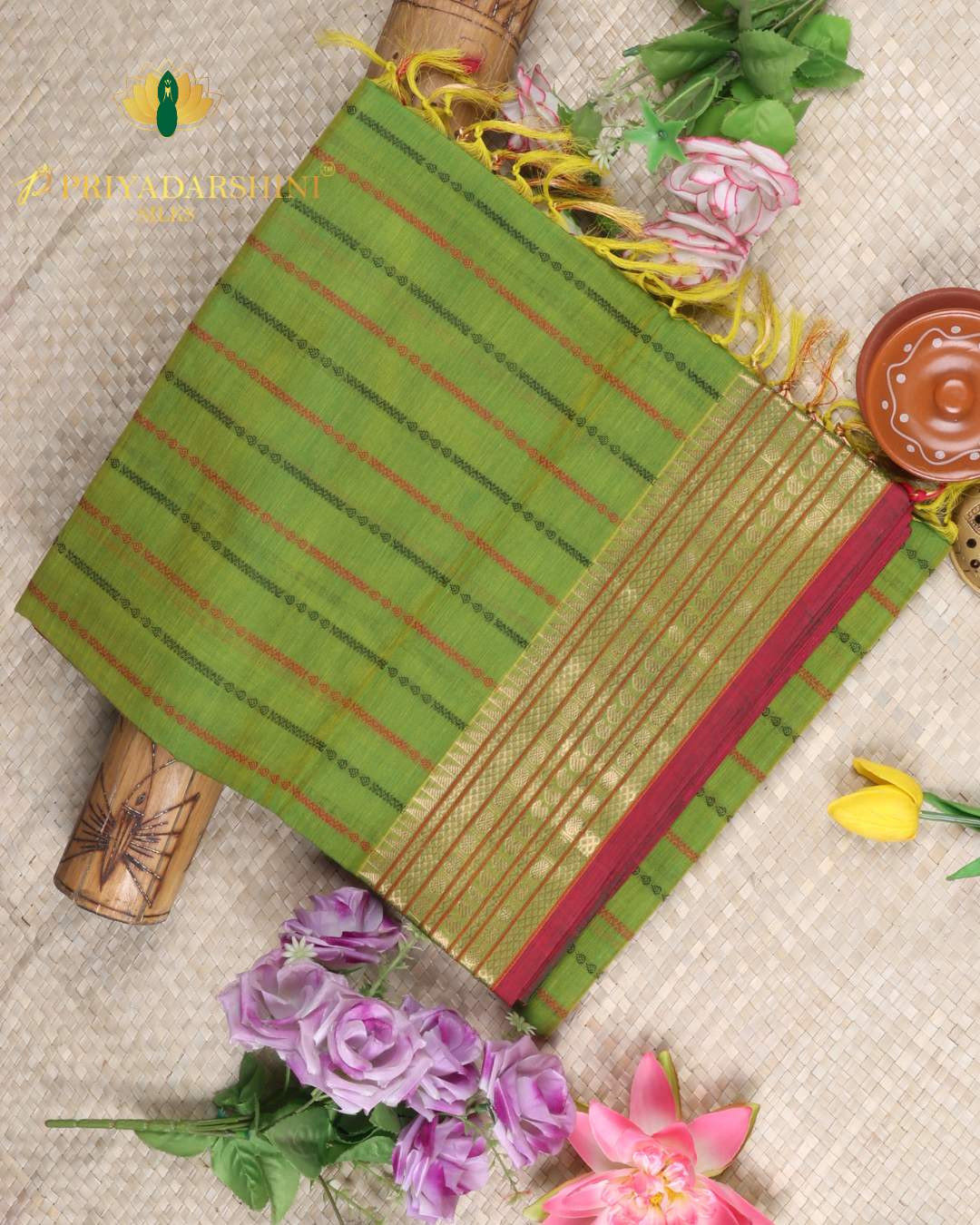 Parrot Green and Magenta Pink Temple Micro Motif - Silk Cotton