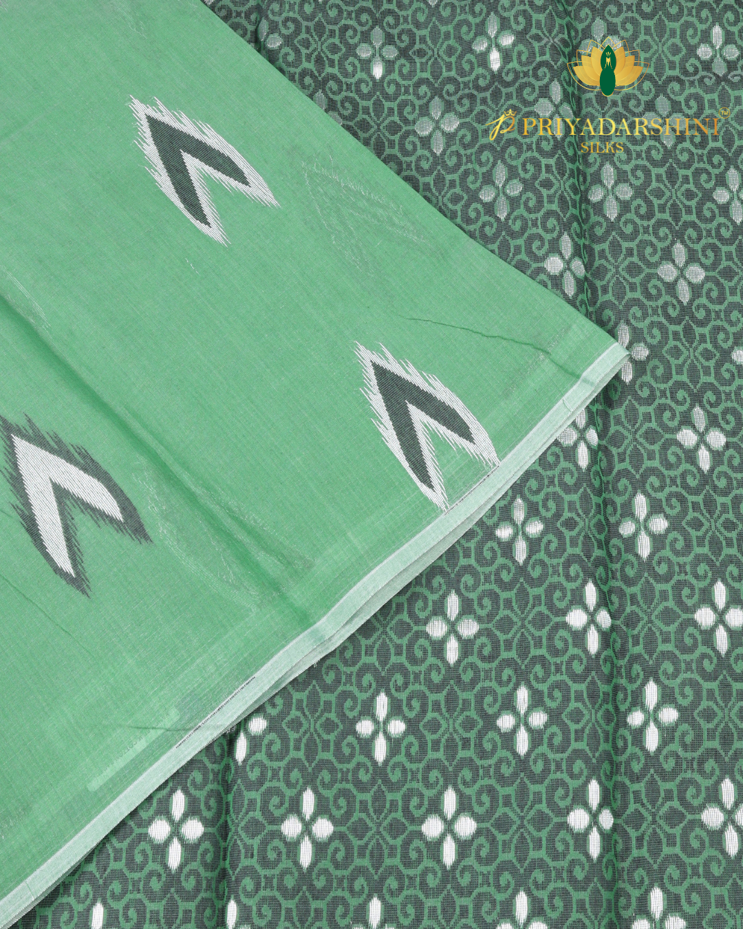 Pastel Green with Black and White Ikat Motif - Cotton