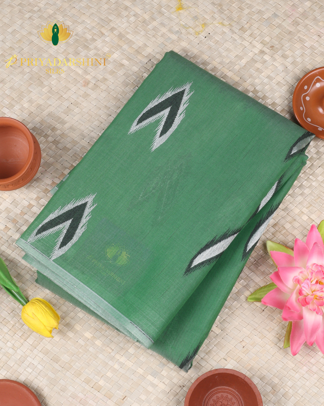 Pastel Green with Black and White Ikat Motif - Cotton