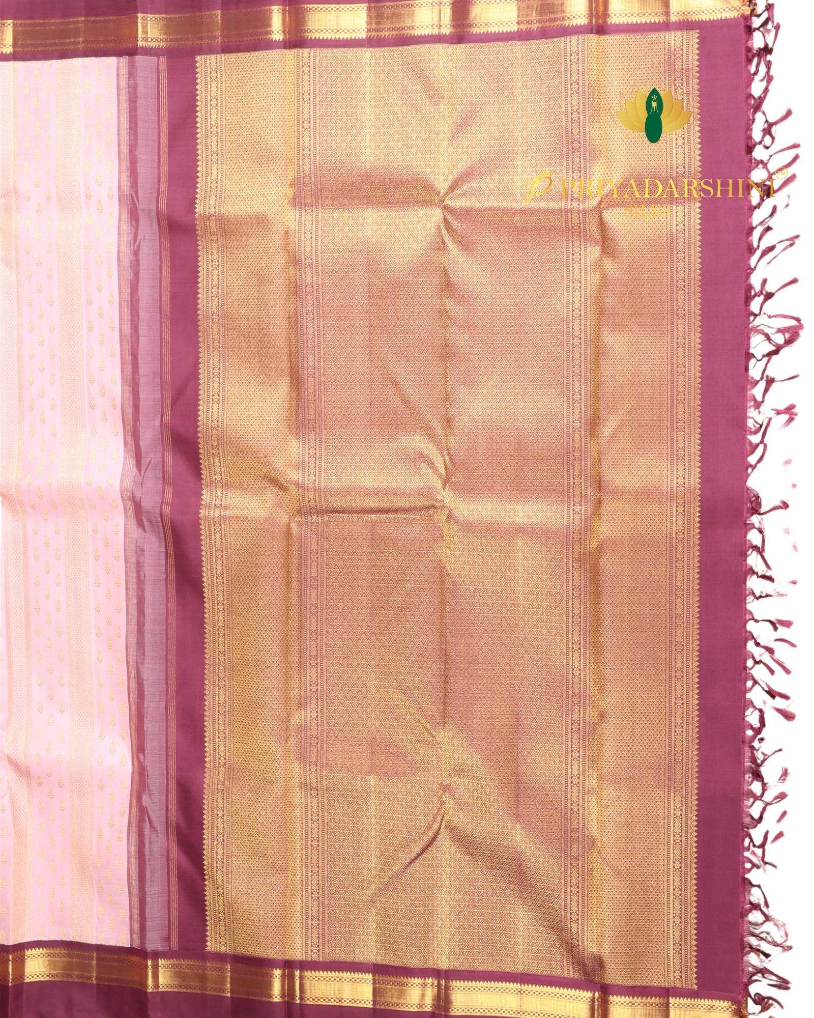 Pastel Peach and Deep Purple with Coin and Peacock Motif - Kanjivaram Silk