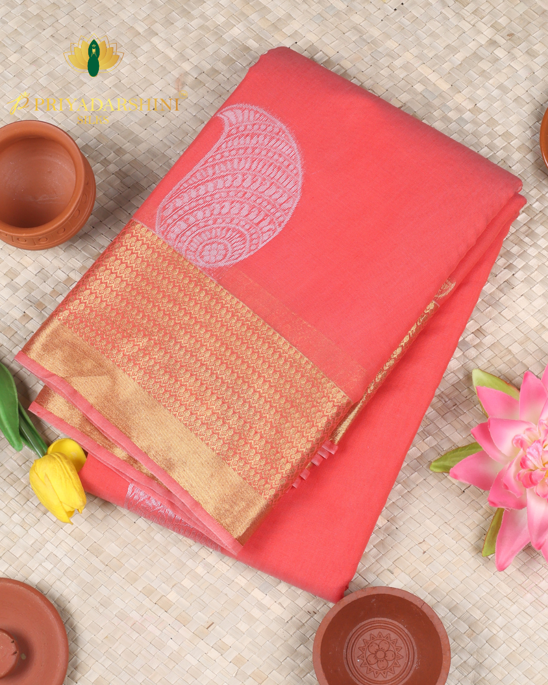 Peach Red Paisley Motif - Silk Cotton